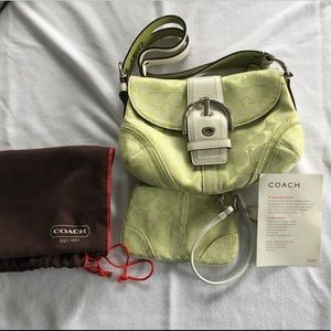 Lime green/white coach bag. Dust bag and wristlet.